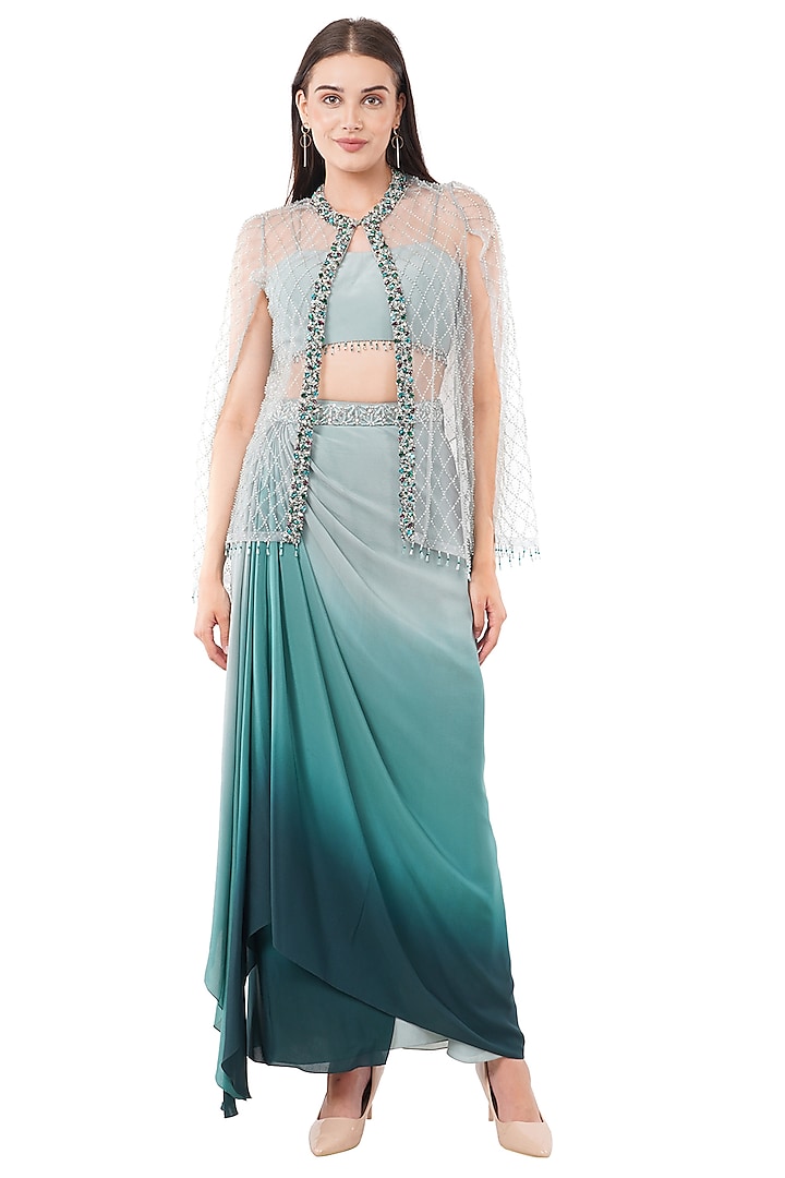 Green Ombre Polyester & Silk Skirt Set by Anjali Kanwar