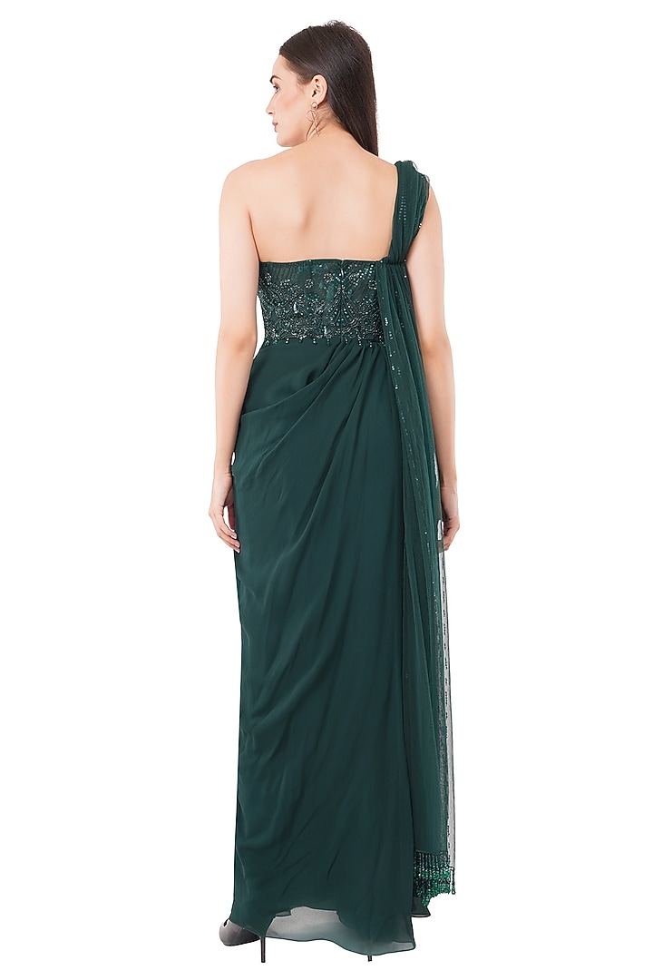 Dark Green Viscose Crystal Embroidered Wedding Gown Saree by Anjali Kanwar at Pernia's Pop Up Shop
