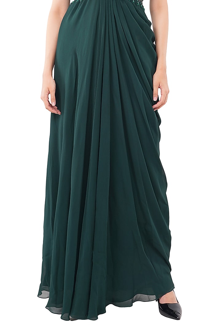 Dark Green Viscose Crystal Embroidered Wedding Gown Saree by Anjali Kanwar at Pernia's Pop Up Shop