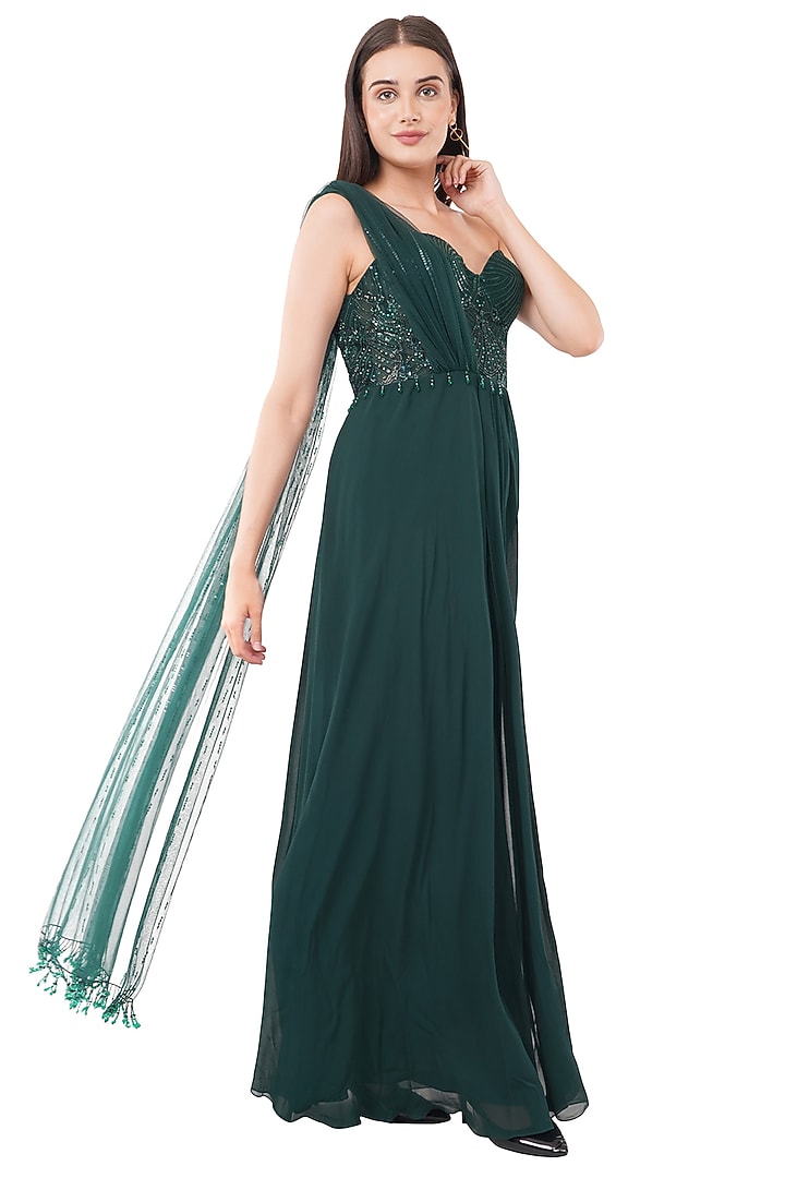 Dark Green Viscose Crystal Embroidered Wedding Gown Saree by Anjali Kanwar at Pernia's Pop Up Shop