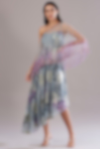 Grey Georgette & Tulle Printed Off-Shoulder Layered Dress by Anjali Kanwar