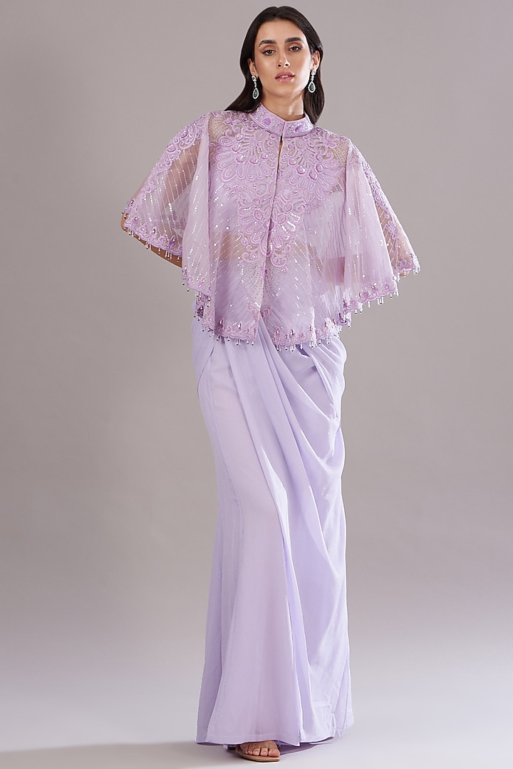 Lilac Silk Organza Embroidered Cape Set by Anjali Kanwar at Pernia's Pop Up Shop