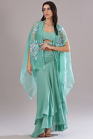 Mint Green Organza Embroidered Cape Set by Anjali Kanwar
