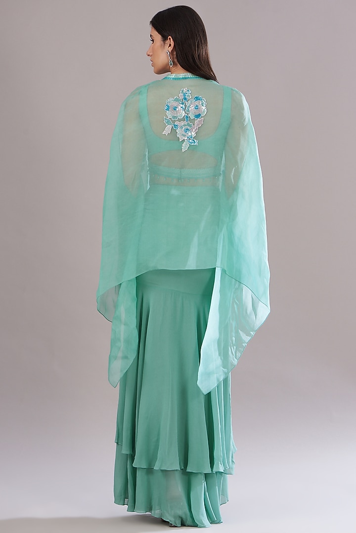 Mint Green Organza Embroidered Cape Set by Anjali Kanwar at Pernia's Pop Up Shop