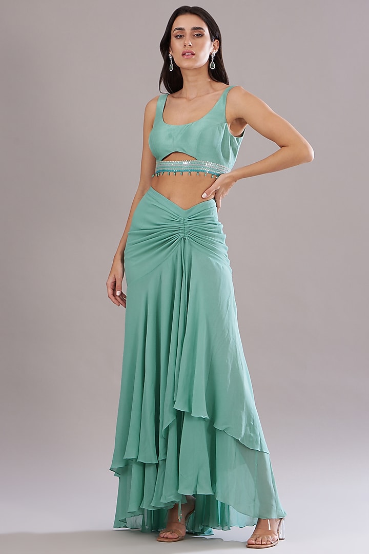 Mint Green Organza Embroidered Cape Set by Anjali Kanwar at Pernia's Pop Up Shop
