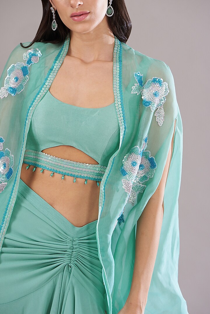 Mint Green Organza Embroidered Cape Set by Anjali Kanwar at Pernia's Pop Up Shop