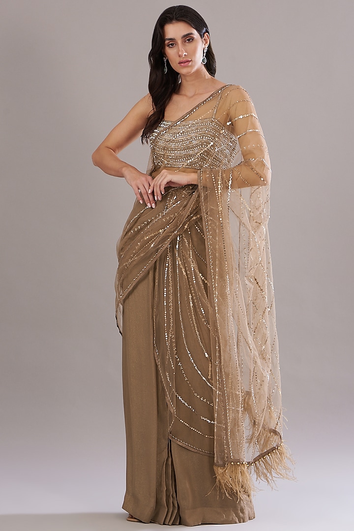 Gold Organza & Georgette Pre-Draped Saree Set by Anjali Kanwar