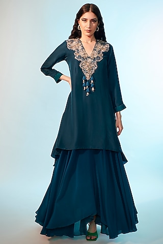 Emerald Green Silk Asymmetric Skirt Set by Anjali Kanwar
