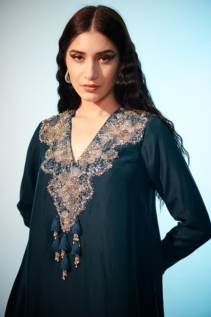 Emerald Green Silk Asymmetric Skirt Set by Anjali Kanwar at Pernia's Pop Up Shop