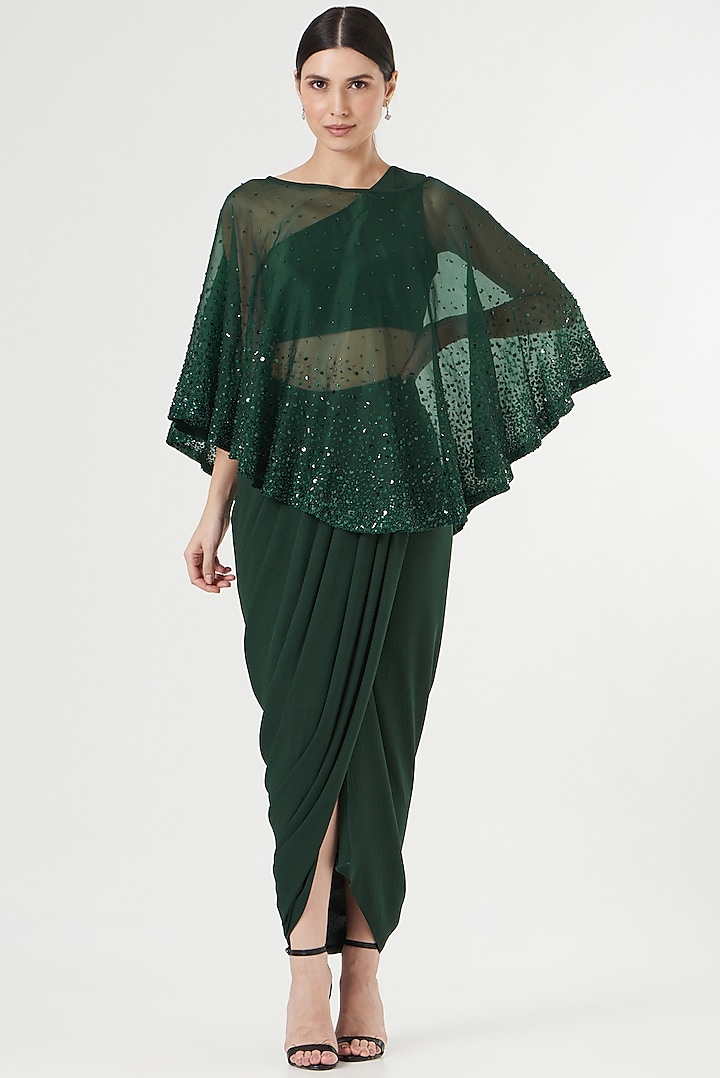 Emerald Green Polyester Crepe Skirt Set by Anjali Kanwar