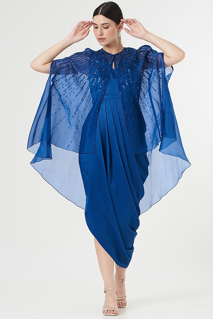 Cobalt Blue Satin Draped Dress With Jacket by Anjali Kanwar
