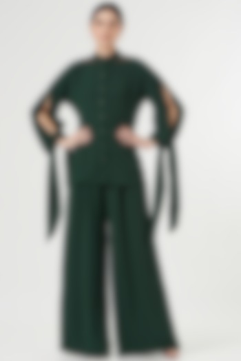 Emerald Green Polyester Georgette Flowing Pants Set by Anjali Kanwar at Pernia's Pop Up Shop