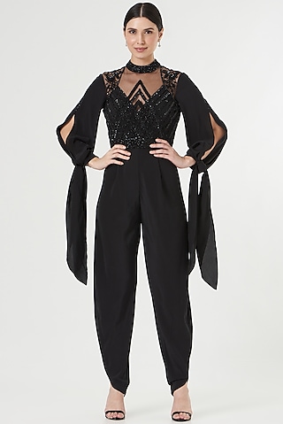 Black Embroidered Jumpsuit by Anjali Kanwar