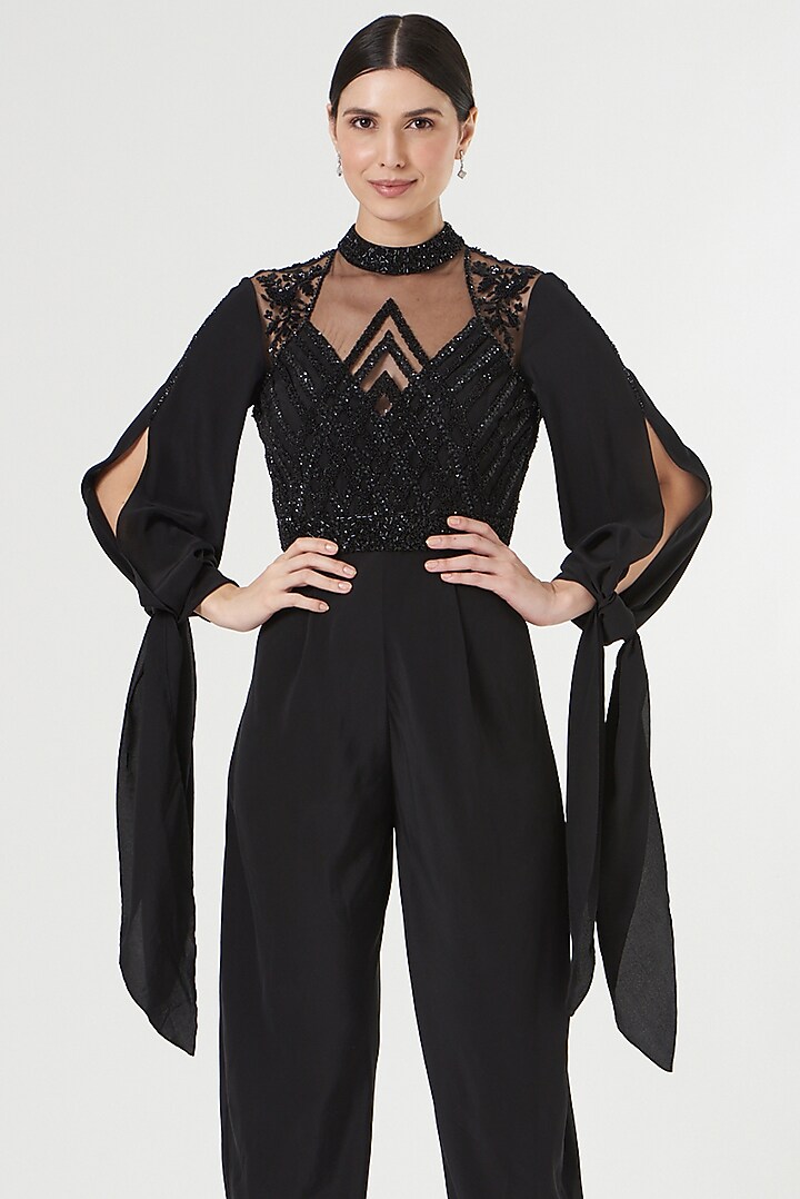 Black Embroidered Jumpsuit by Anjali Kanwar at Pernia's Pop Up Shop
