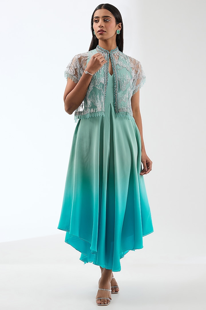 Mint Green Ombre Silk Crepe Asymmetric Dress With Embroidered Cape by Anjali Kanwar at Pernia's Pop Up Shop