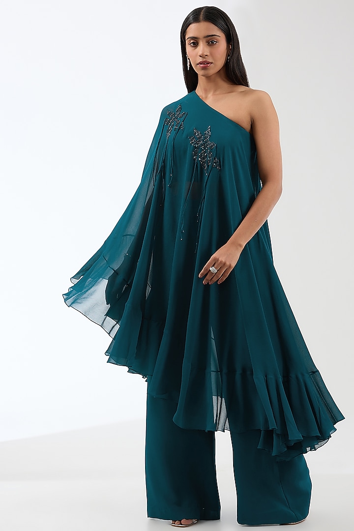 Teal Blue Viscose Hand Embroidered Co-Ord Set by Anjali Kanwar at Pernia's Pop Up Shop