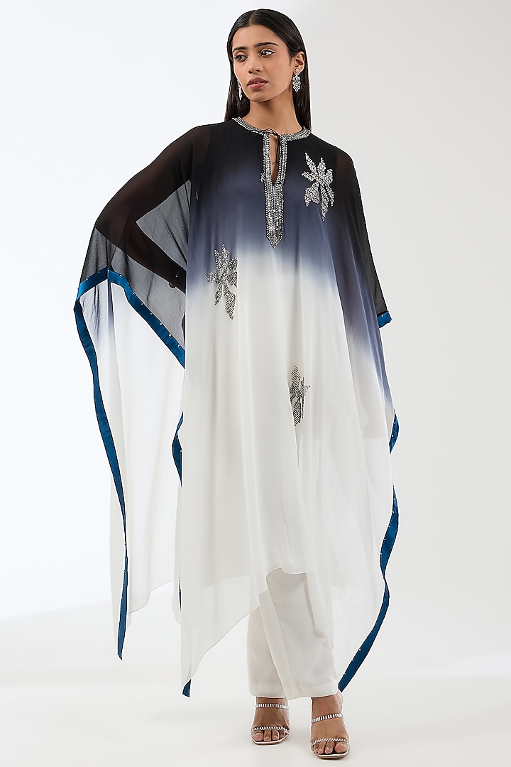 White & Black Ombre Georgette Bead Hand Embroidered Kaftan Set by Anjali Kanwar at Pernia's Pop Up Shop