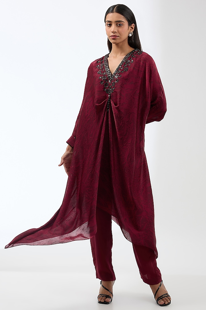 Maroon Polyester Printed & Bead Hand Embroidered Tunic Set by Anjali Kanwar at Pernia's Pop Up Shop