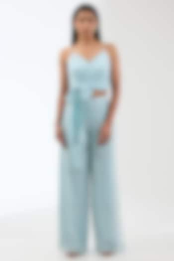 Aqua Blue Silk & Viscose Bead Hand Embroidered Pant Set by Anjali Kanwar at Pernia's Pop Up Shop