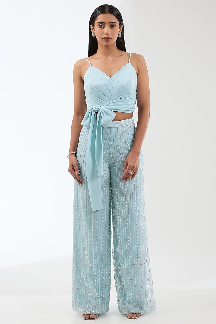 Aqua Blue Silk & Viscose Bead Hand Embroidered Pant Set by Anjali Kanwar at Pernia's Pop Up Shop