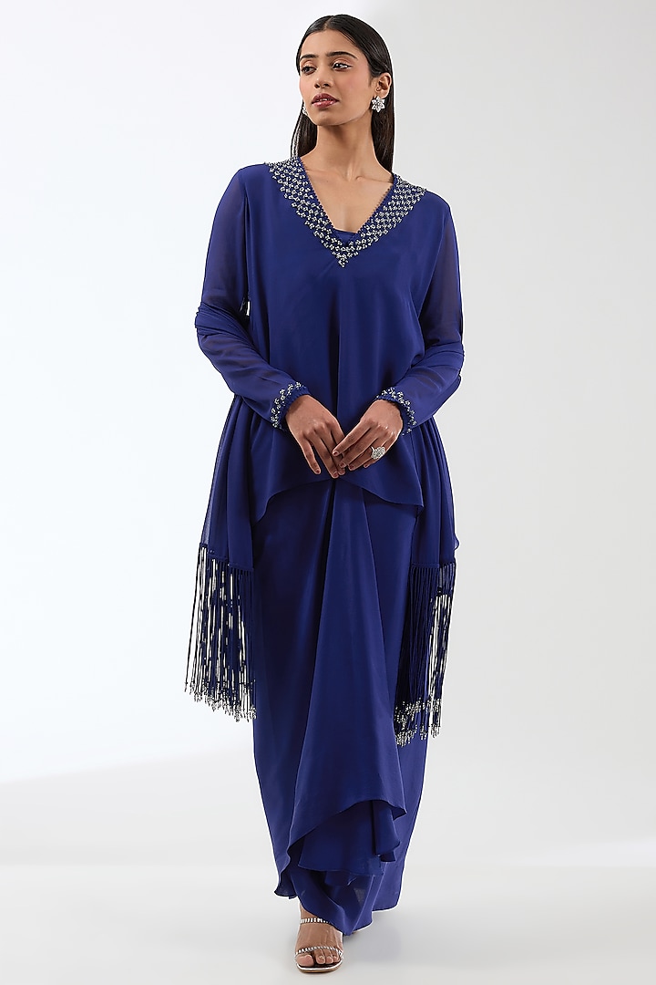 Electric Blue Viscose Draped Skirt Set by Anjali Kanwar at Pernia's Pop Up Shop