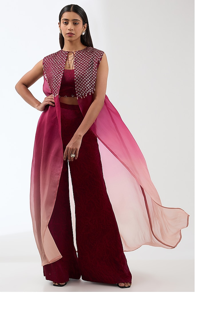 Maroon Ombre Silk Sequins Hand Embroidered Cape Set by Anjali Kanwar at Pernia's Pop Up Shop