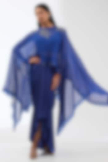 Electric Blue Georgette Bead Hand Embroidered Cape Set by Anjali Kanwar at Pernia's Pop Up Shop