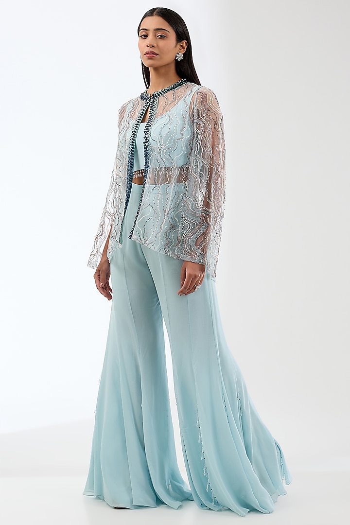 Aqua Blue Viscose Sequins Hand Embroidered Jacket Set by Anjali Kanwar at Pernia's Pop Up Shop