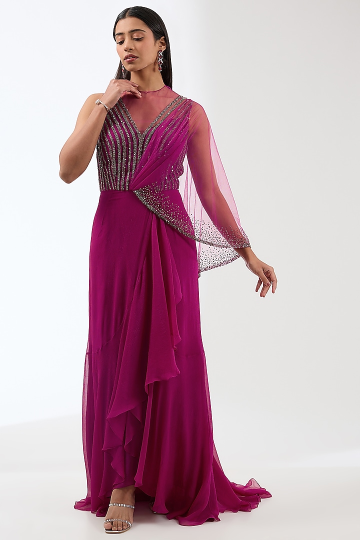 Wine Georgette Bead Hand Embroidered Draped Ruffled Gown Saree by Anjali Kanwar at Pernia's Pop Up Shop