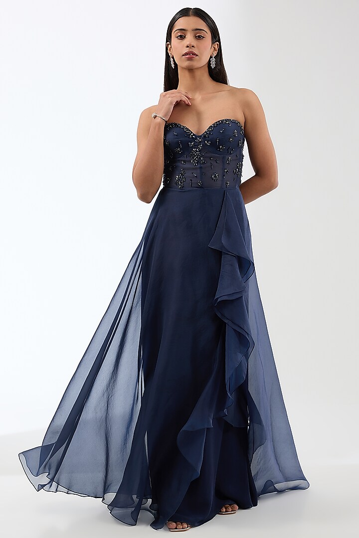 Navy Silk Organza Crystal Embroidered Corset Gown by Anjali Kanwar at Pernia's Pop Up Shop