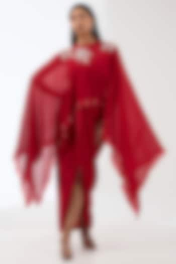 Red Georgette Draped Dress With Embroidered Cape by Anjali Kanwar at Pernia's Pop Up Shop