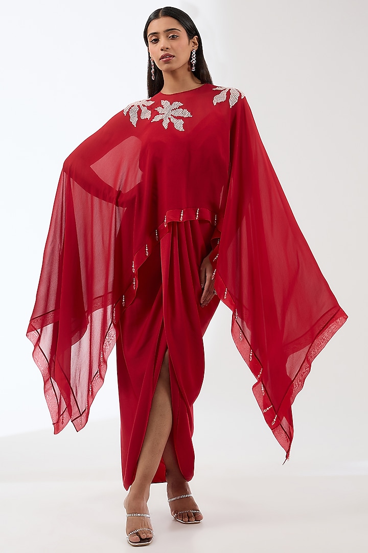 Red Georgette Draped Dress With Embroidered Cape by Anjali Kanwar at Pernia's Pop Up Shop