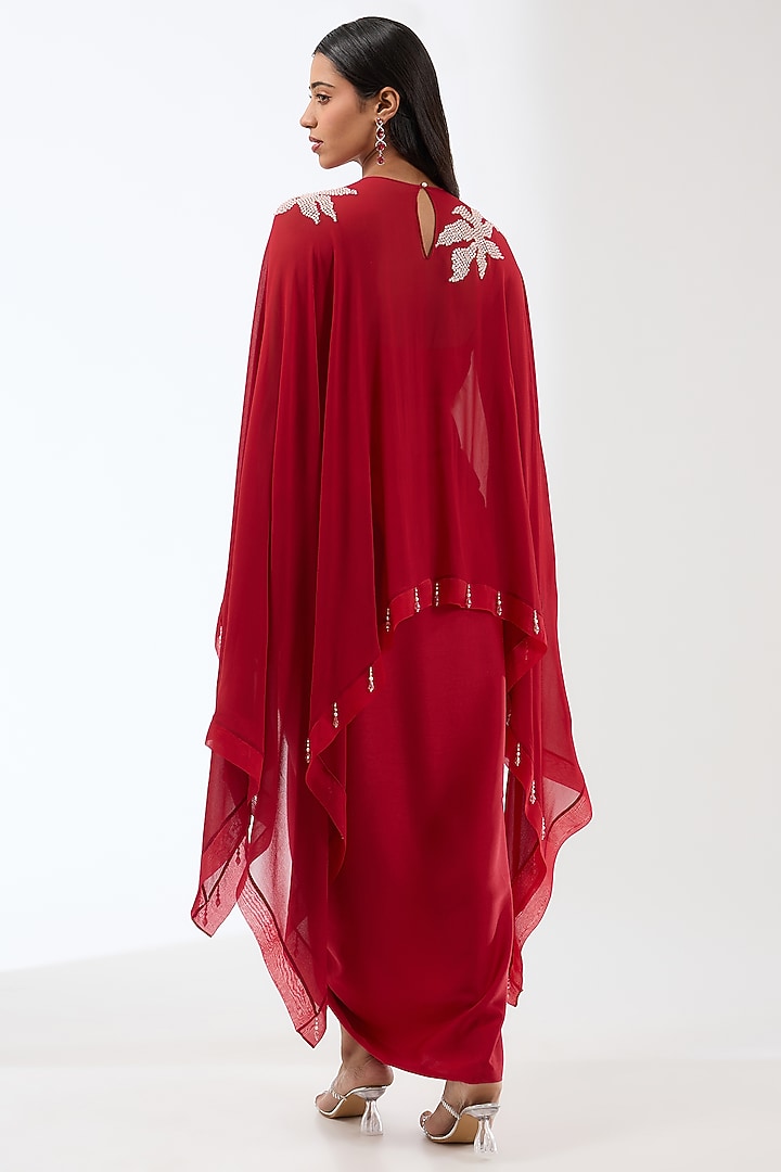 Red Georgette Draped Vacation Dress With Embroidered Cape by Anjali Kanwar at Pernia's Pop Up Shop
