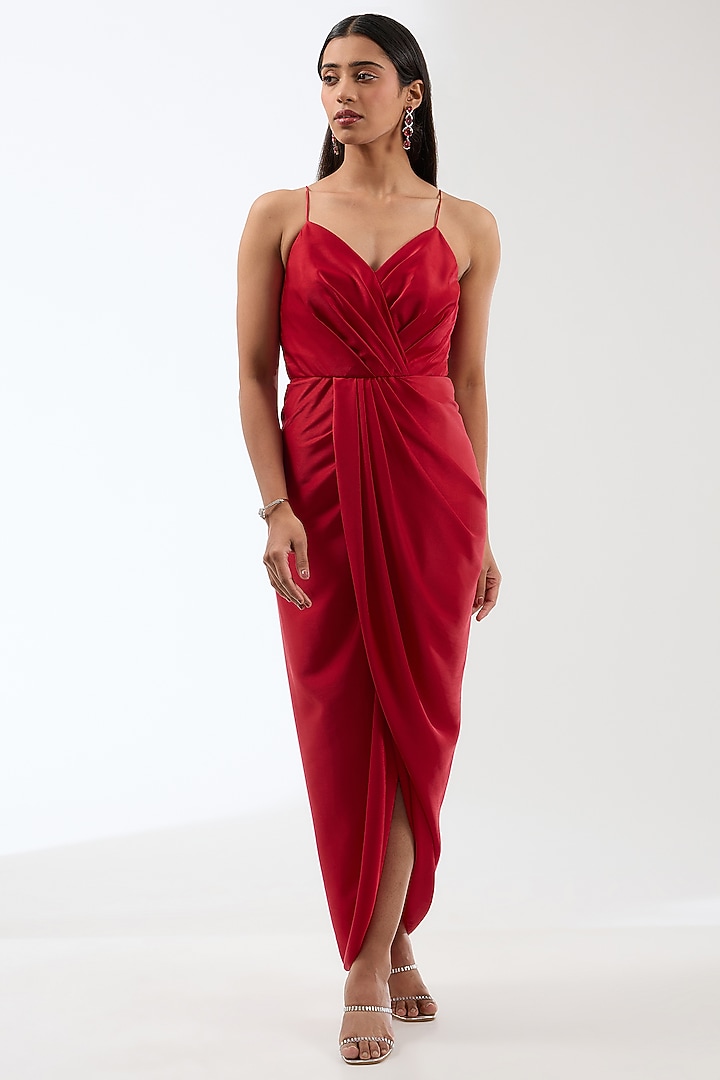 Red Georgette Draped Vacation Dress With Embroidered Cape by Anjali Kanwar at Pernia's Pop Up Shop