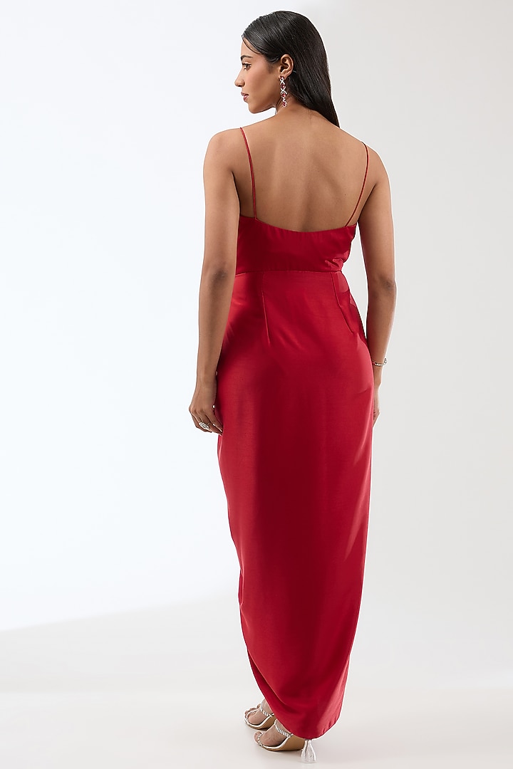 Red Georgette Draped Vacation Dress With Embroidered Cape by Anjali Kanwar at Pernia's Pop Up Shop
