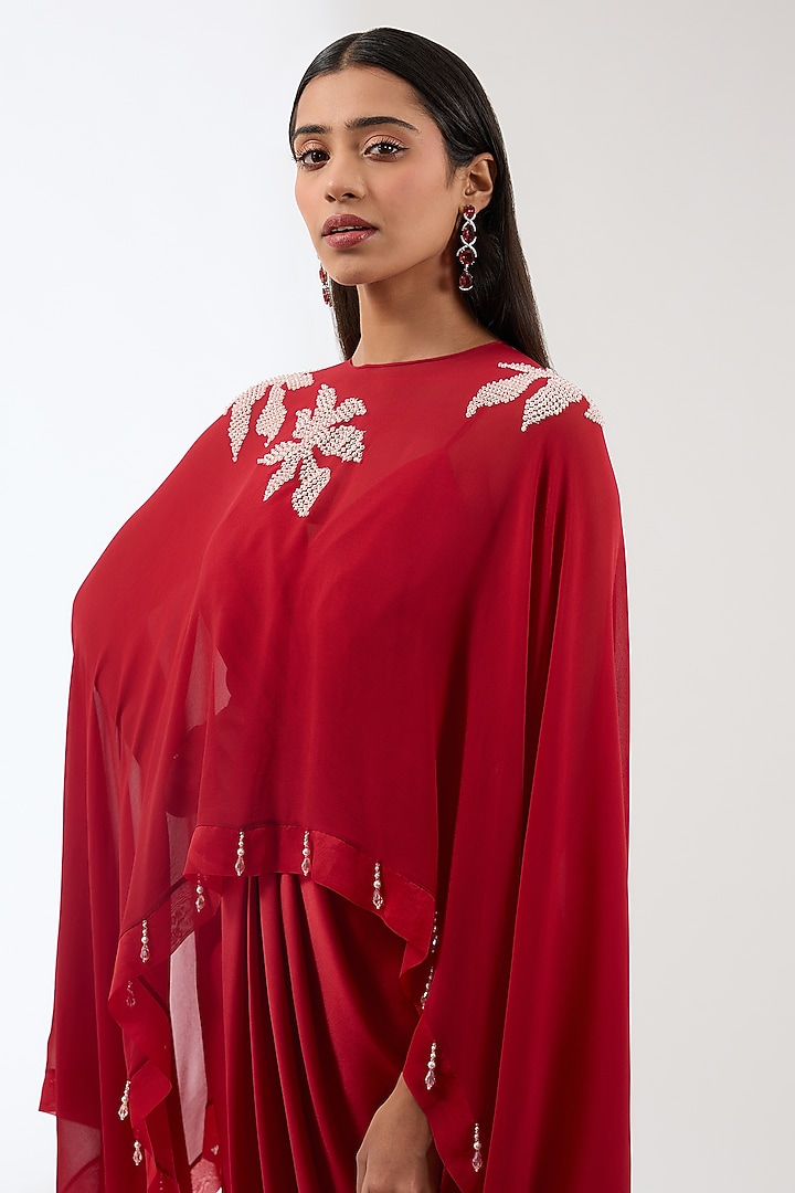 Red Georgette Draped Vacation Dress With Embroidered Cape by Anjali Kanwar at Pernia's Pop Up Shop