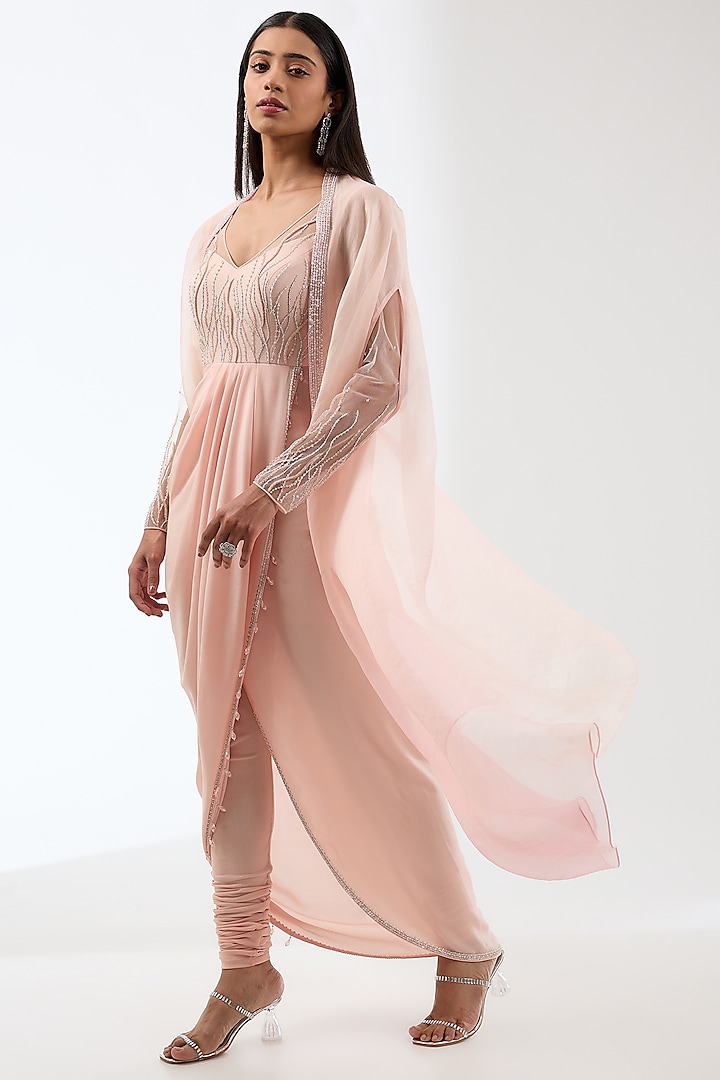 Peach Silk Organza Ombre Cape Set by Anjali Kanwar at Pernia's Pop Up Shop