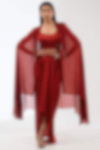 Red Sheer Georgette Draped Skirt Set by Anjali Kanwar at Pernia's Pop Up Shop