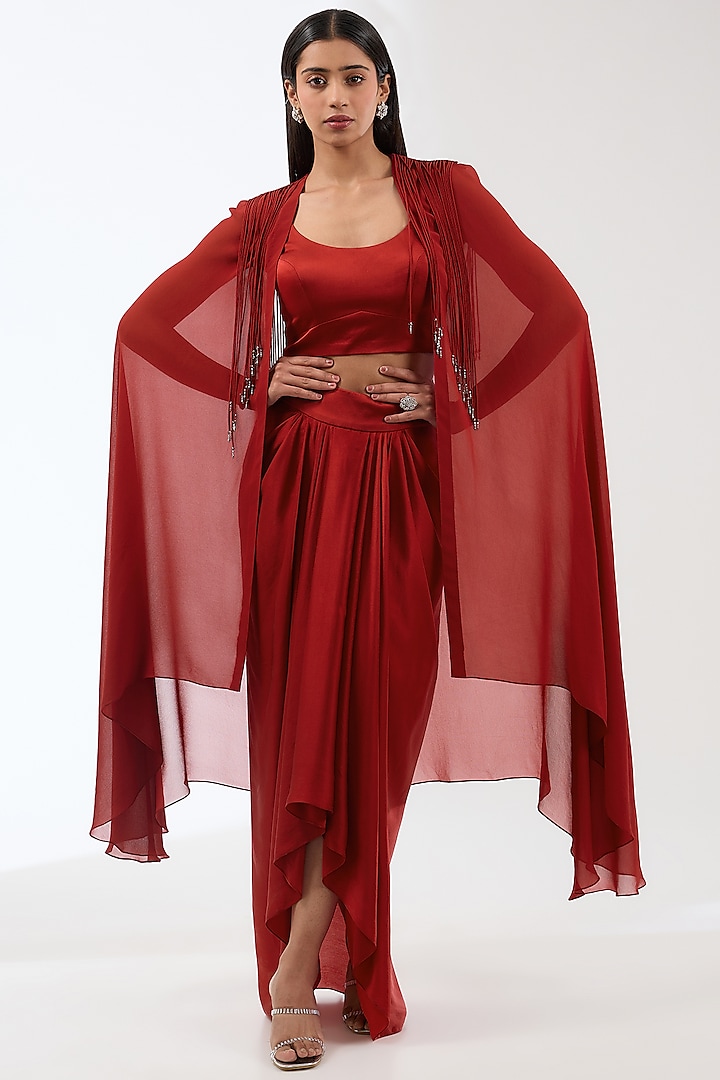 Red Sheer Georgette Draped Skirt Set by Anjali Kanwar at Pernia's Pop Up Shop