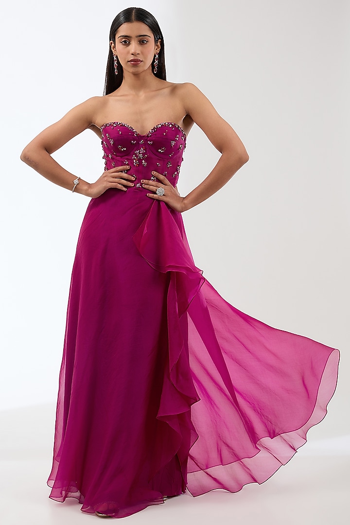 Wine Silk Organza Crystal Hand Embroidered Corset Gown by Anjali Kanwar at Pernia's Pop Up Shop