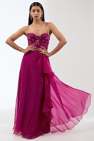 Wine Silk Organza Crystal Hand Embroidered Corset Gown by Anjali Kanwar