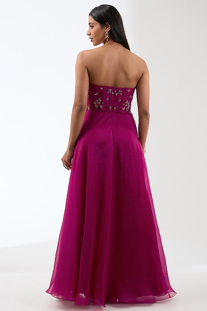 Wine Silk Organza Crystal Hand Embroidered Corset Engagement Gown by Anjali Kanwar at Pernia's Pop Up Shop