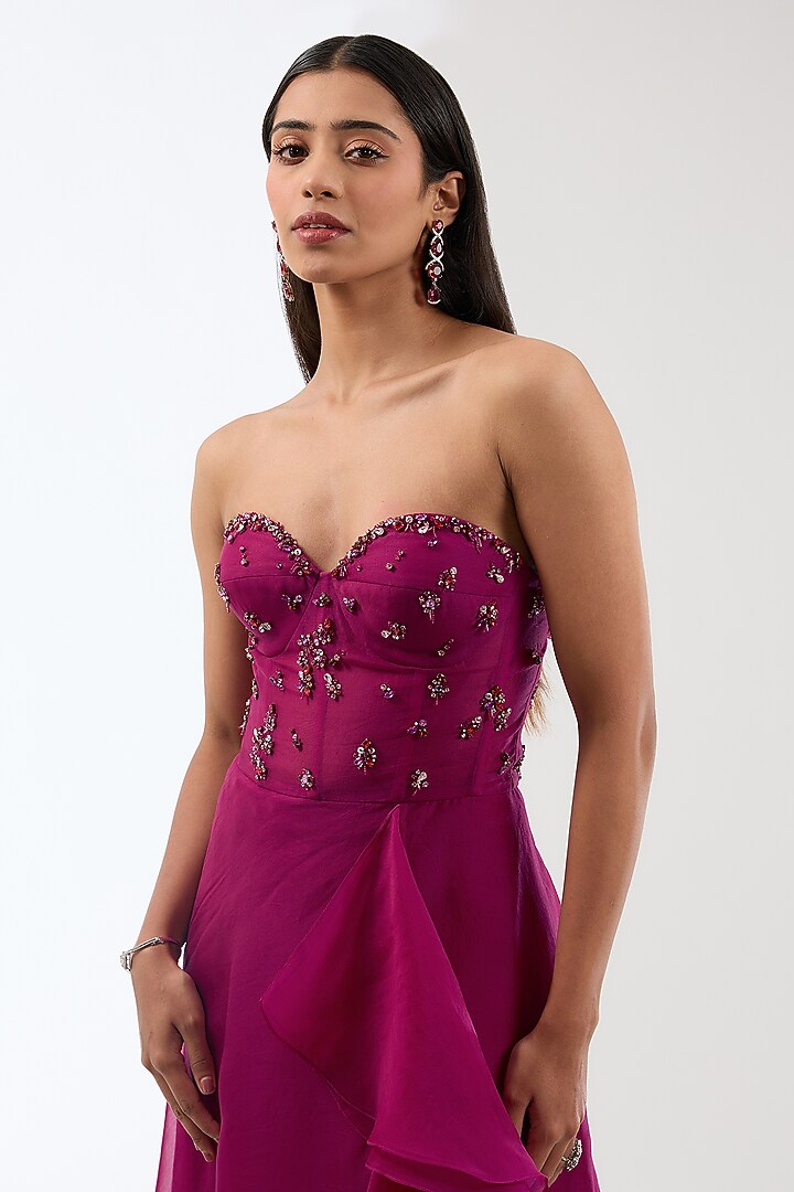 Wine Silk Organza Crystal Hand Embroidered Corset Engagement Gown by Anjali Kanwar at Pernia's Pop Up Shop