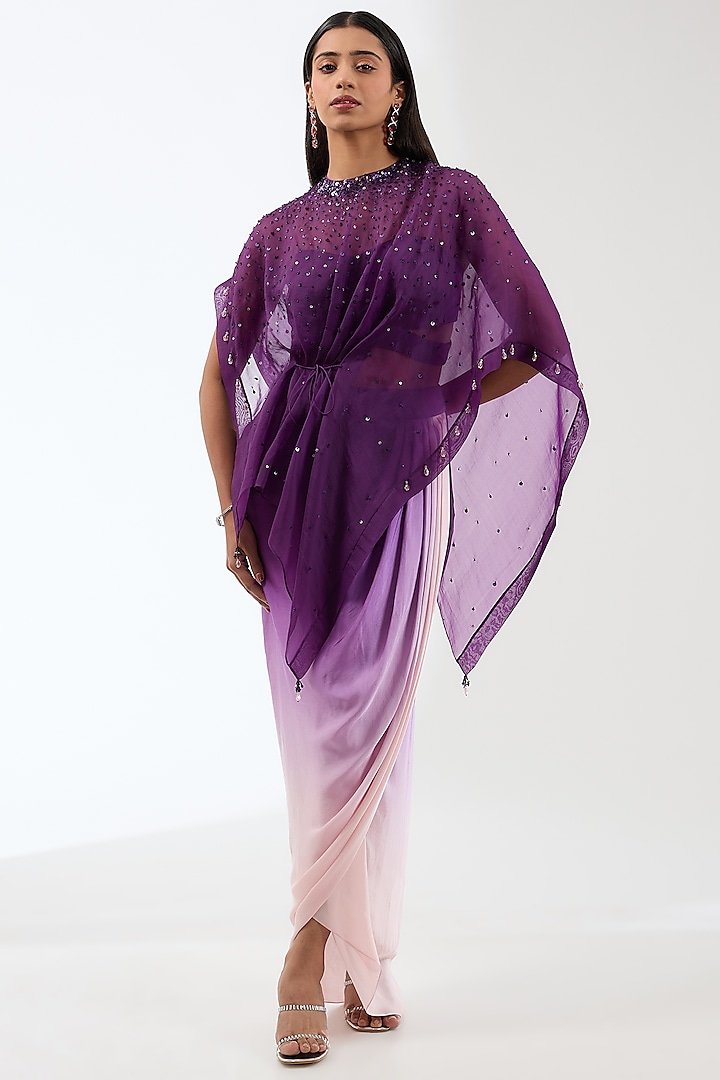 Purple Ombre Silk Organza Bead Hand Embroidered Cape Set by Anjali Kanwar at Pernia's Pop Up Shop