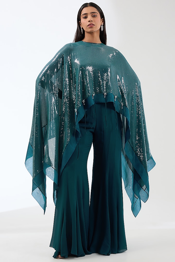 Teal Viscose Sequins Embroidered Cape Set by Anjali Kanwar at Pernia's Pop Up Shop