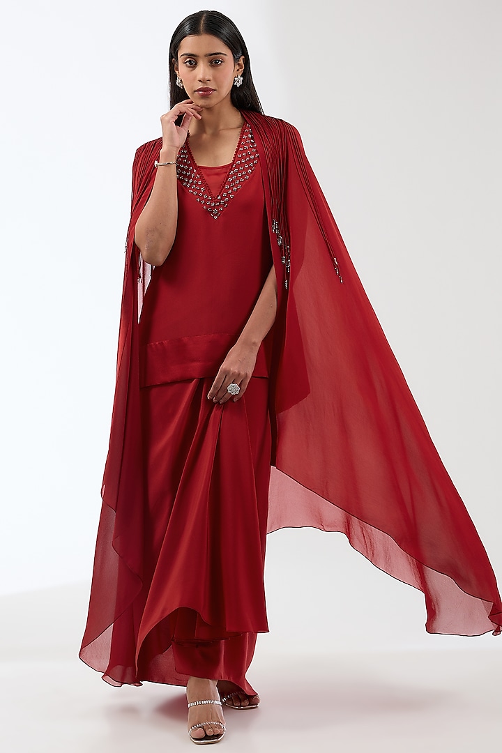 Red Silk Hand Embroidered Draped Tunic Set by Anjali Kanwar