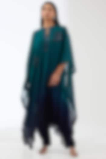 Teal Ombre Georgette Sequins Hand Embroidered Kaftan Set by Anjali Kanwar at Pernia's Pop Up Shop