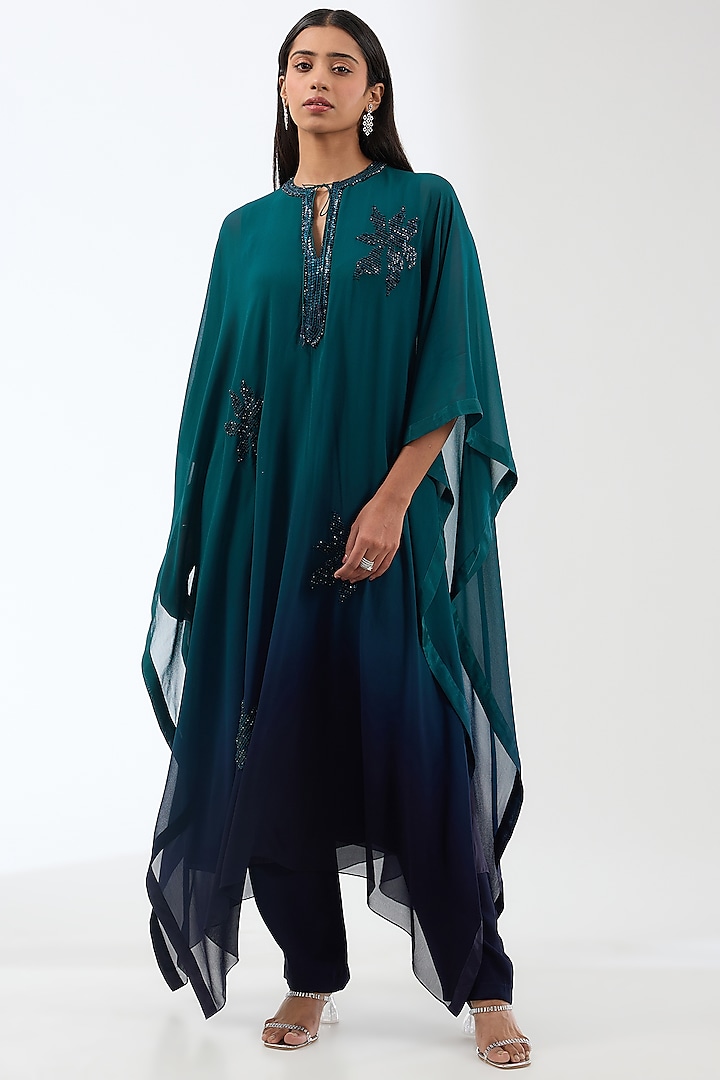 Teal Ombre Georgette Sequins Hand Embroidered Kaftan Set by Anjali Kanwar at Pernia's Pop Up Shop