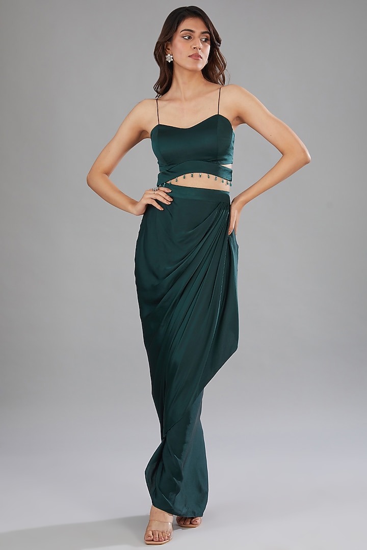 Green Satin Draped Skirt Set by Anjali Kanwar at Pernia's Pop Up Shop
