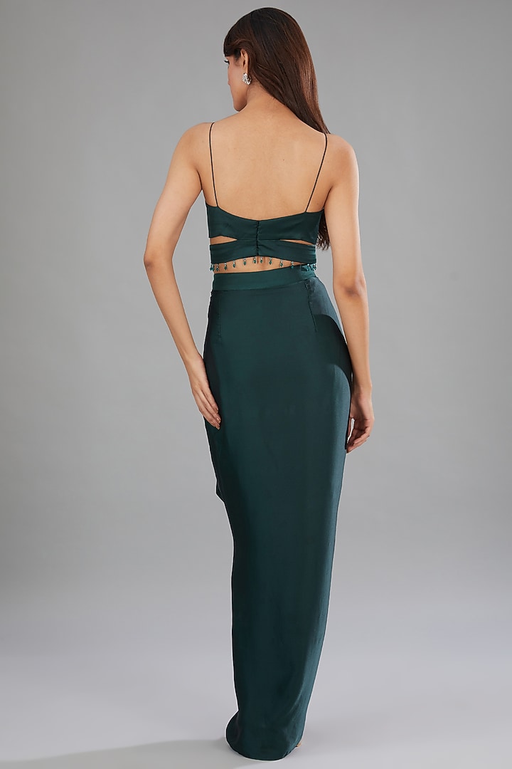 Green Satin Draped Skirt Set by Anjali Kanwar at Pernia's Pop Up Shop